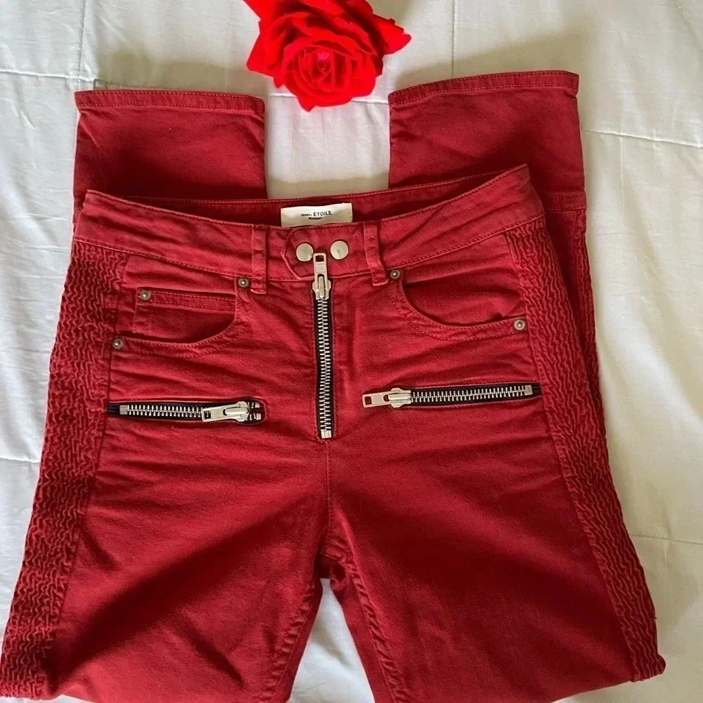 Isabel Marant Red Cropped Zip-Detail Jeans